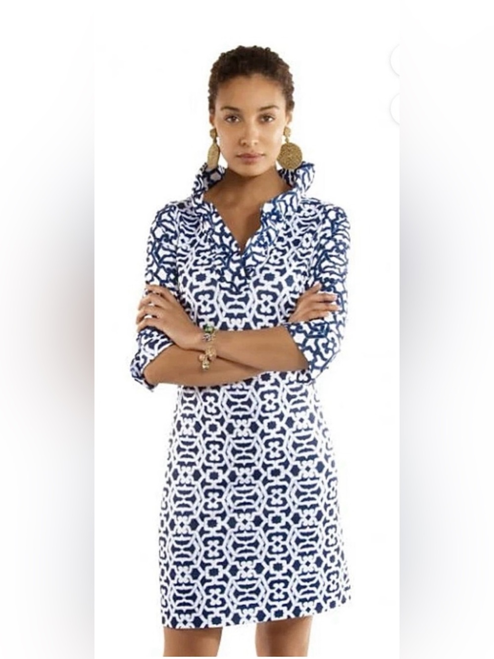 Gretchen Scott Women's Blue Jersey Ruffleneck Rio Gio XL